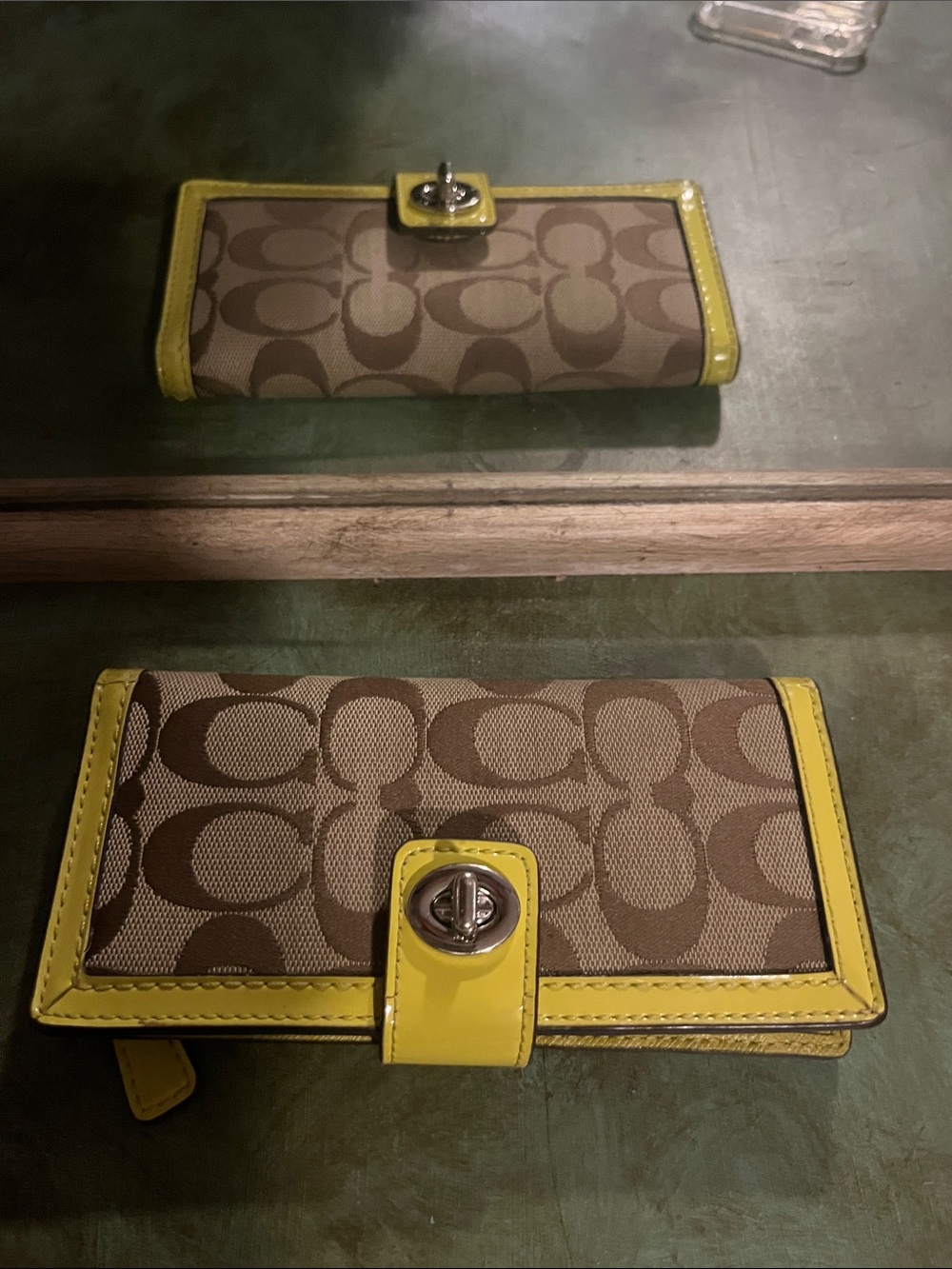 Coach Brown Signature Canvas Wallet with Yellow Trim